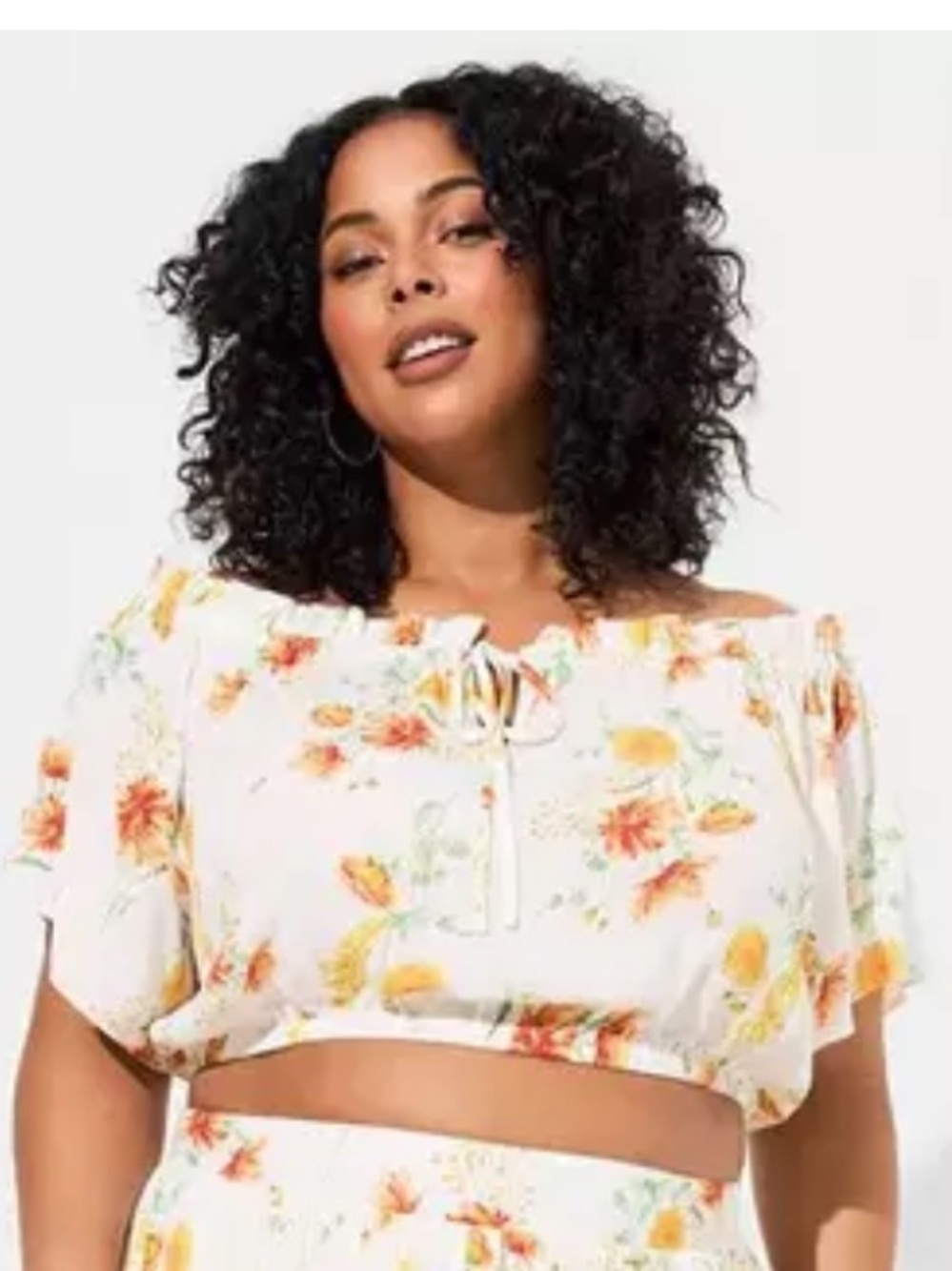 torrid White Off-Shoulder Floral Crop Top with Orange & Yellow Blooms